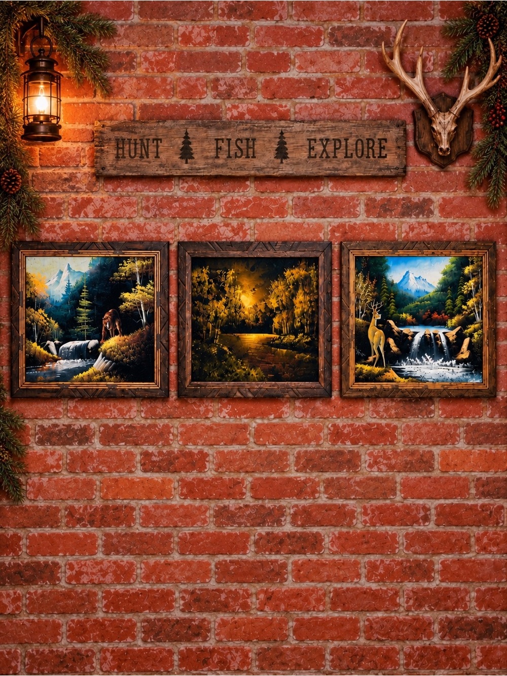 Vintage 70s Signed Rustic Folk Art Velvet Oil Paintings